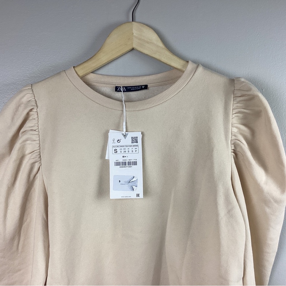 Zara Women’s Puff Sleeve Beige Cropped Crew Neck Pullover Sweatshirt Top S - NWT - Picture 5 of 10